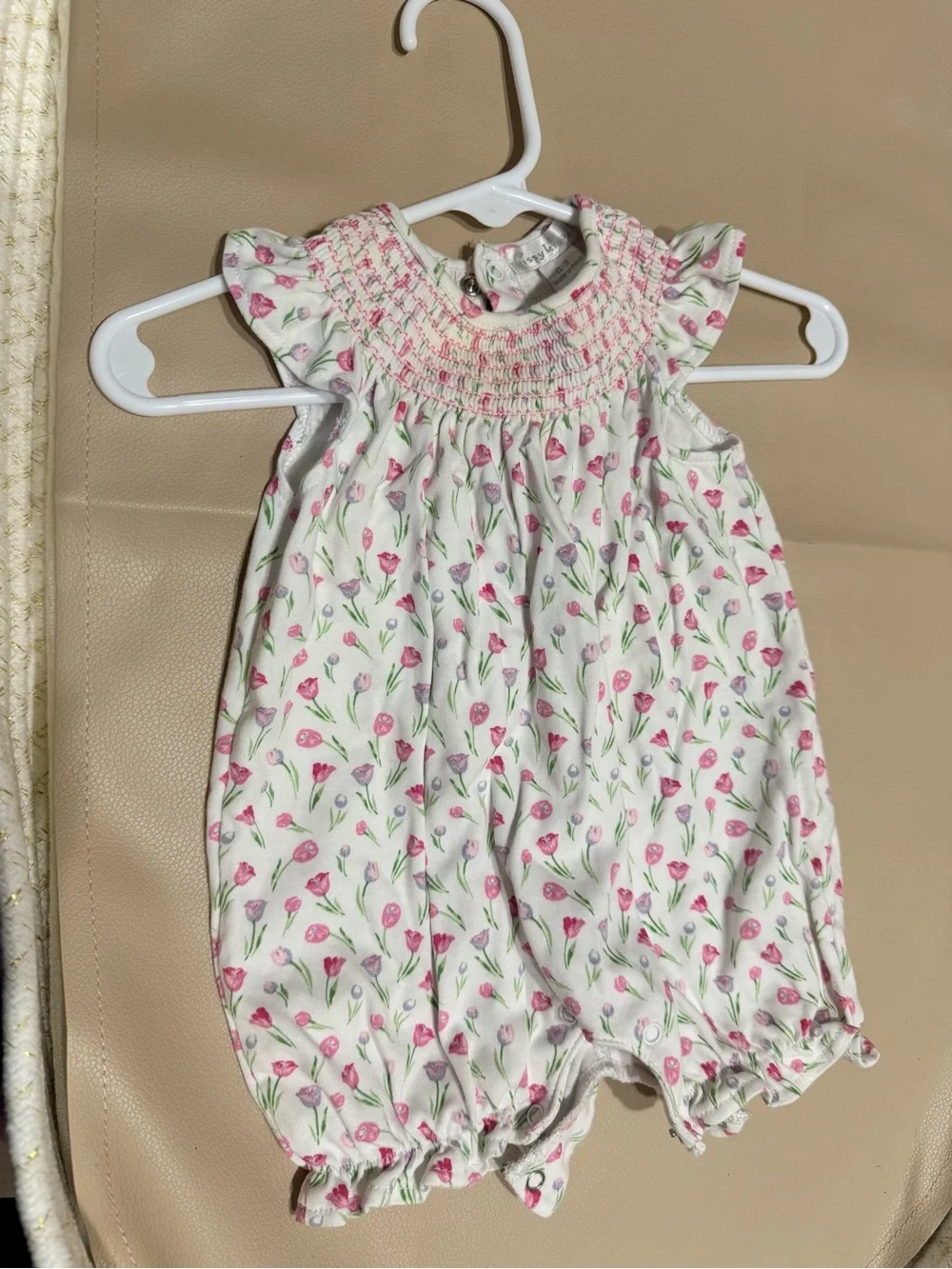 Free Add On With Purchase Floral Smocked Romper - Pink & Green Tulips (stain)